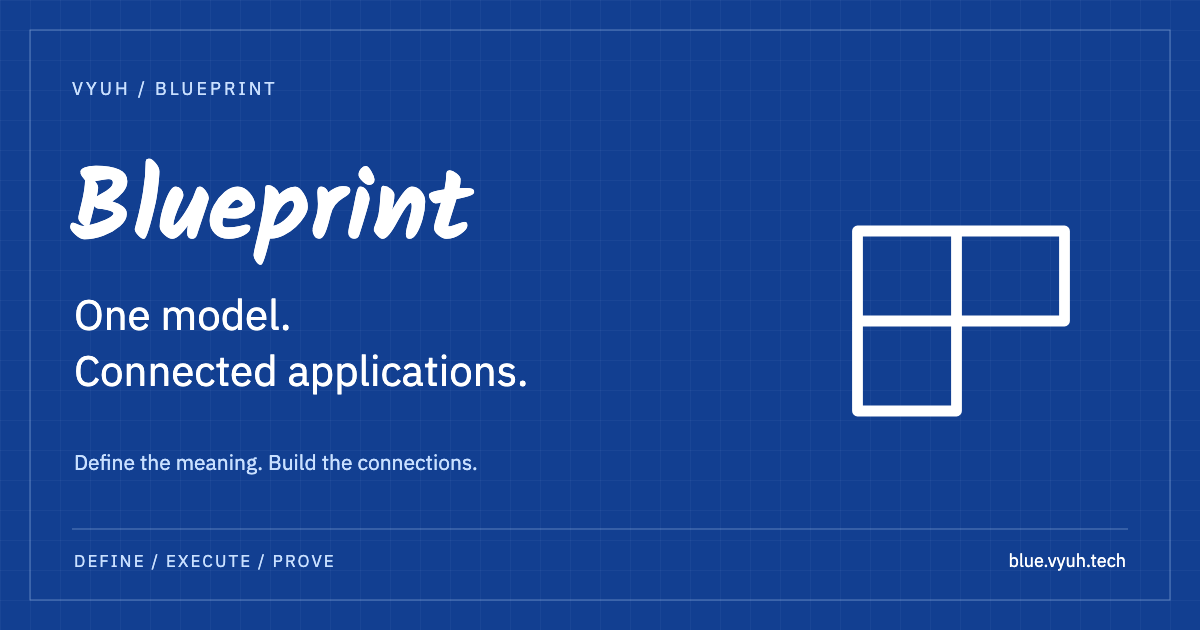 Blueprint. One model. Connected applications. Architect Block on blue drafting paper.
